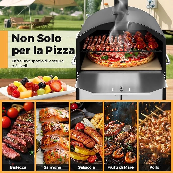 Forno per Pizza a Legna da Esterno da 40 cm, Bruciatore Pizza a 2 Strati con Pietra Quadrata, Pala per Pizza, Griglie da Cucina e Copertura, Forno Portatile per Campeggio, Giardino, BBQ
