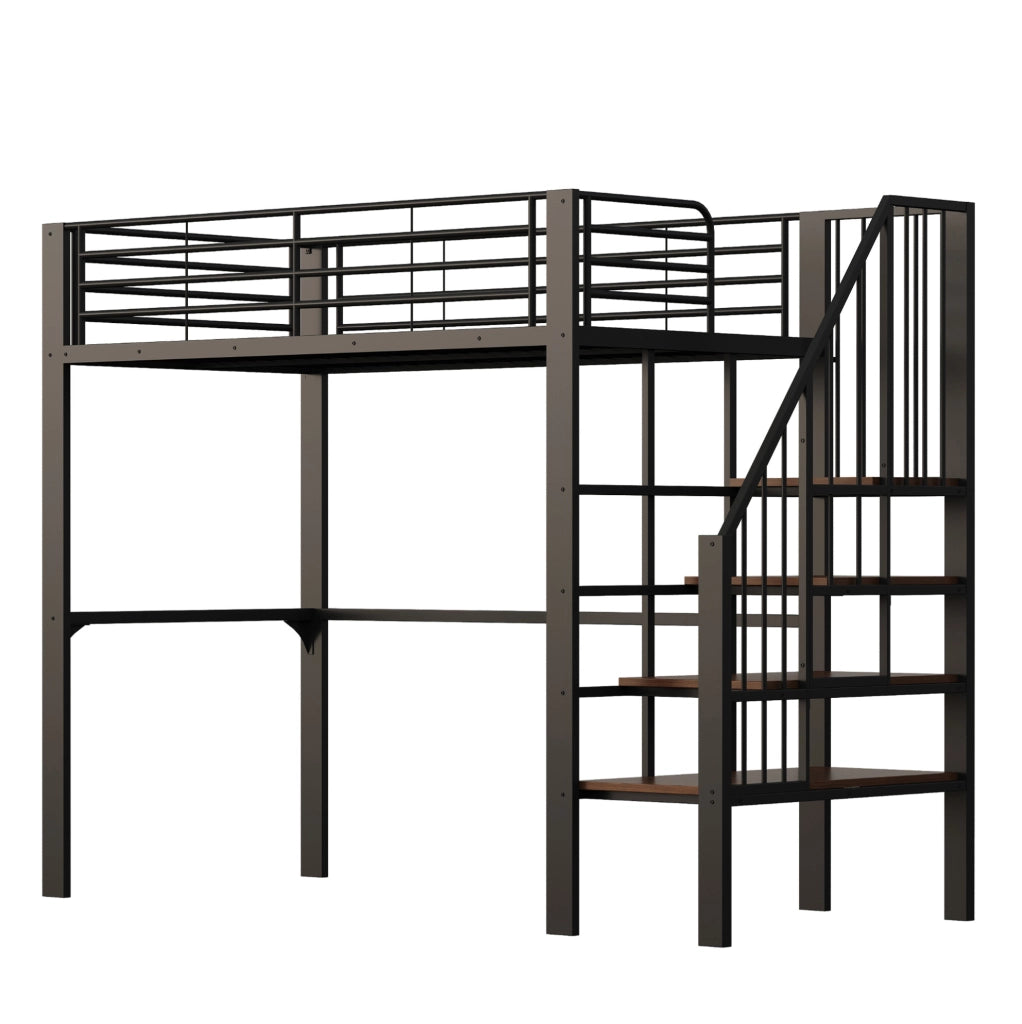 Letto a soppalco 90x200 cm in metallo e legno con scala e vano contenitore; nero