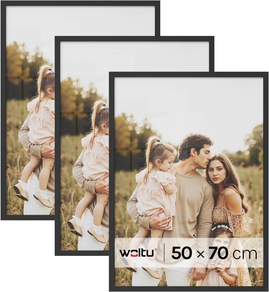 Set di 3 Cornici 50x70 cm con Passepartout, Portafoto in Orizzontale o Verticale, da Parete o Tavolo, in Legno MDF, Nero
