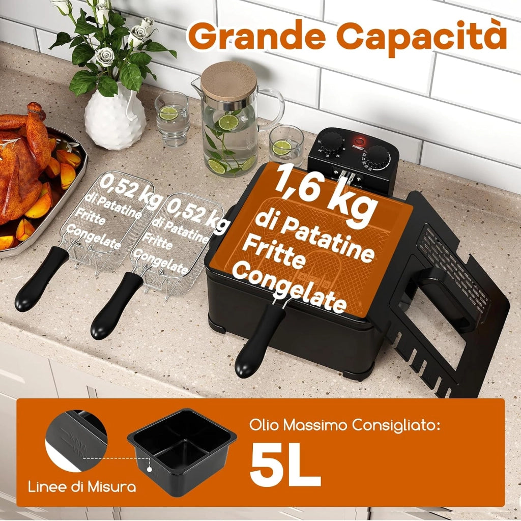 Friggitrice ad Olio 5 L, con 1 Cestello Grande e 2 Piccoli, Temperatura e Timer Regolabili, Friggitrice Elettrica Smontabile con Protezione dal Surriscaldamento, Potenza 1700 W