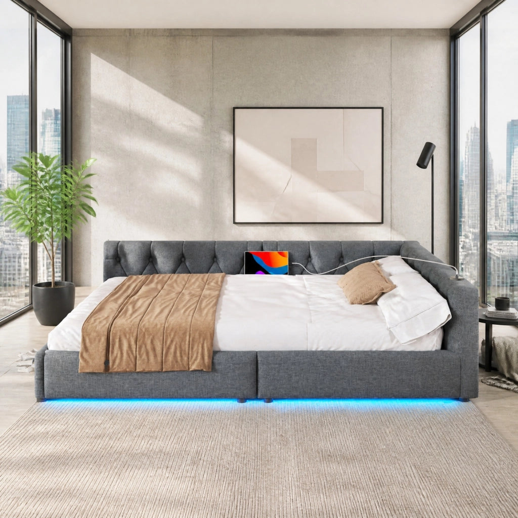 DESMIU Letto a giorno 140 × 200 cm 2 posti con USB, Type-C e LED, senza materasso, in lino, grigio