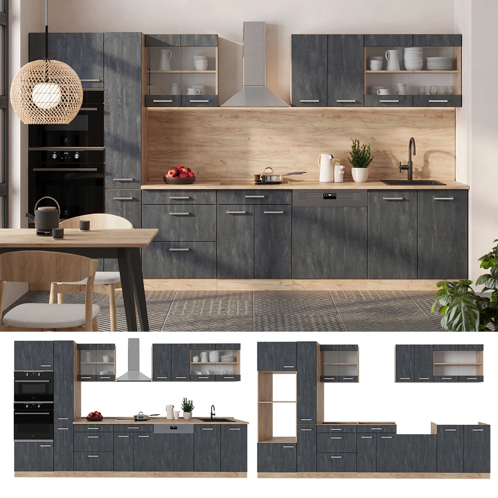 Vicco Cucina completa  Calcestruzzo nero/quercia dorata 350 cm , PL Rovere