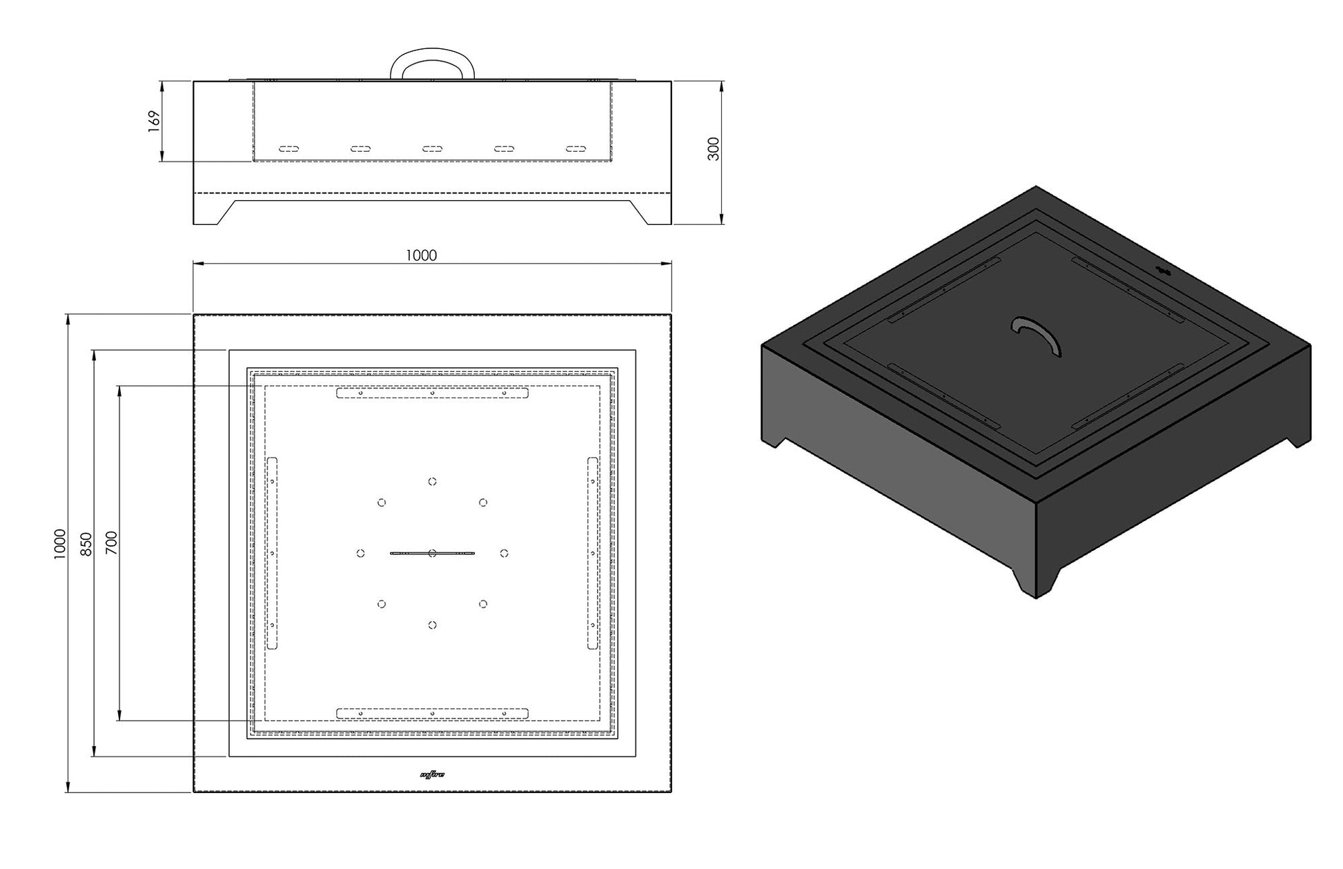 Braciere a Legna da Giardino 100x100x30 cm in Acciaio Black 1000 Square Nero