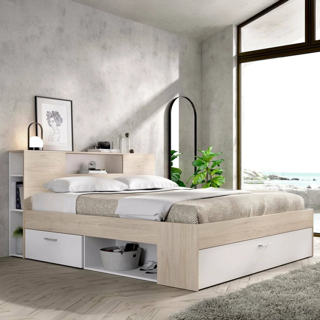 Letto alla francese Conching, Sommier per camera da letto, Giroletto per stanza, Struttura porta materasso, 150x219 h95 cm, Bianco e Rovere