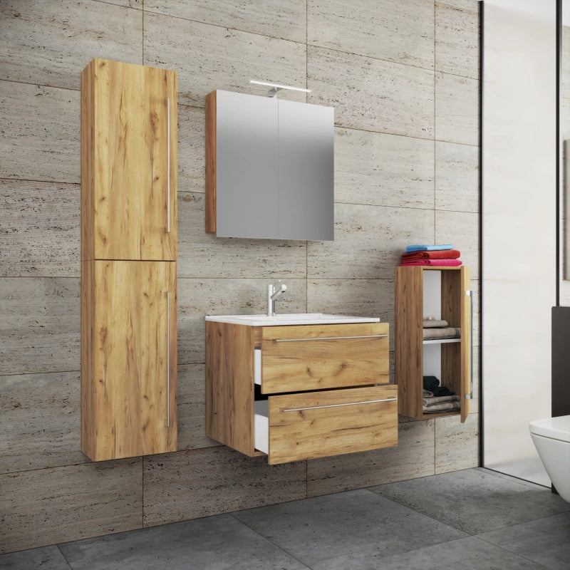 Completo Set5 pz Mobile sosp 2 casetti con Lavabo LG in ceramica incl 1 Colonna 1 mobile sosp e mobile specchio, Rovere