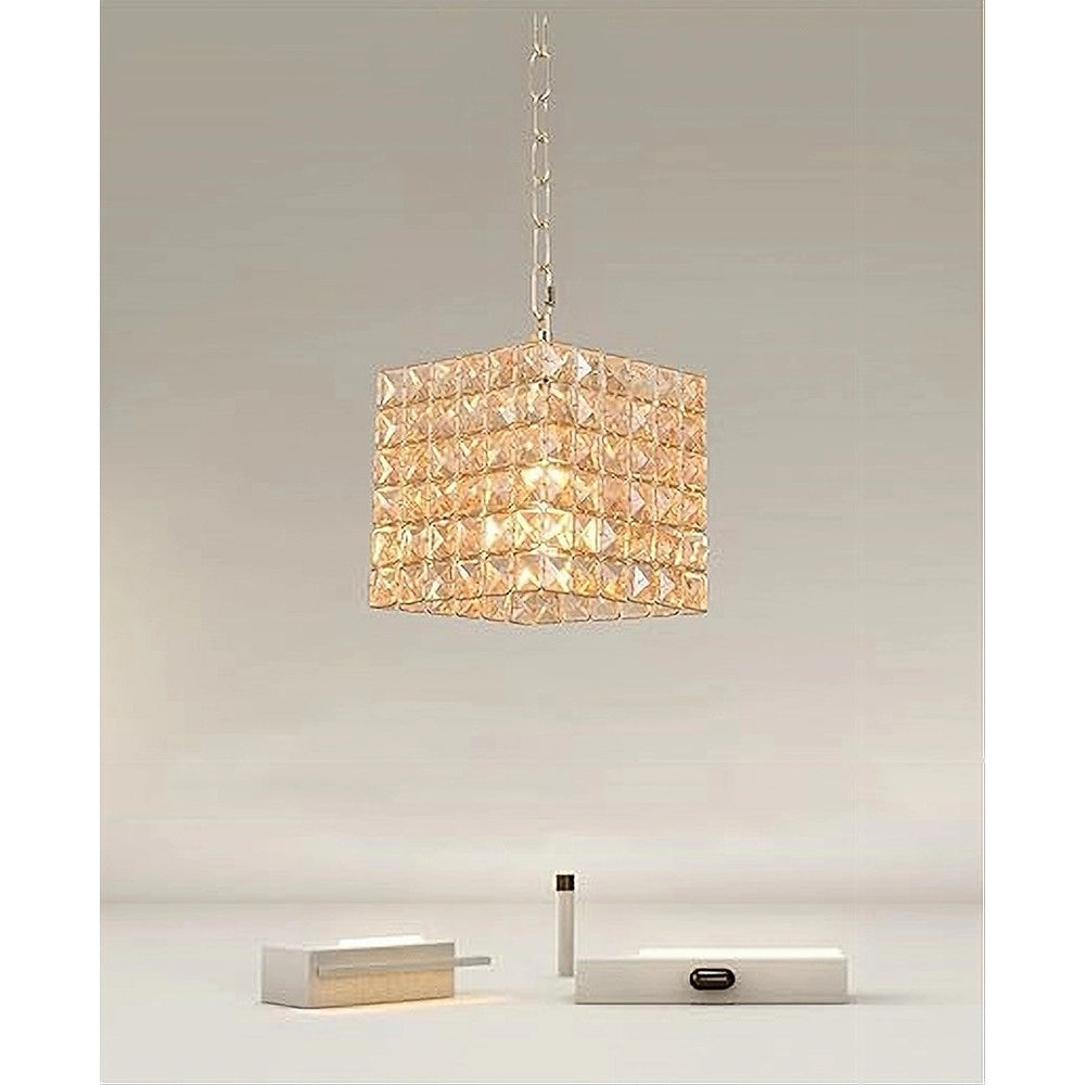 Trade Shop - Lampadario Sospeso Cubo Cristalli Lampada Luce Attacco E27 Oro Quadrato 32309 -