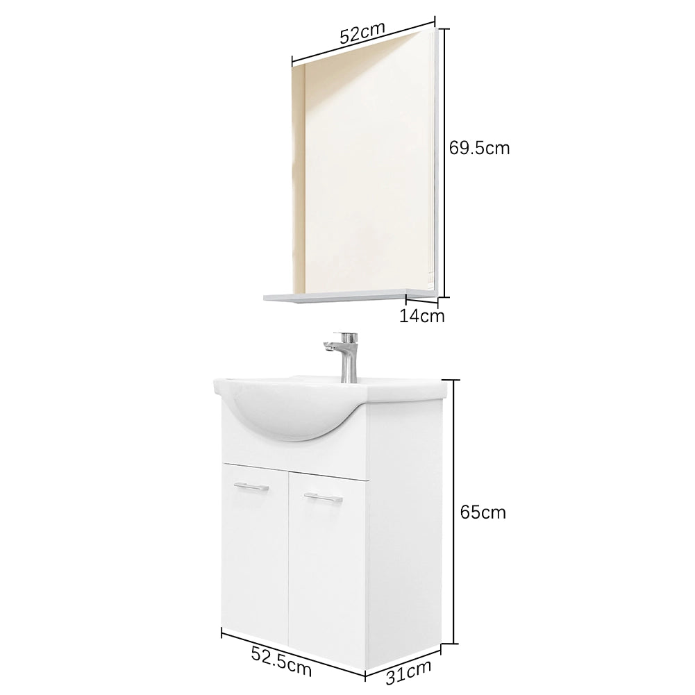 Mobile da Bagno Sospeso Completo Bianco Larghezza 55 cm Specchio e Rubinetteria