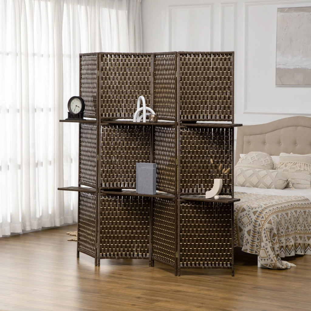Paravento 4 Pannelli con Ripiani ¨C zephmum ¨C Legno Pino Effetto Intrecciato Marrone 181x180 cm