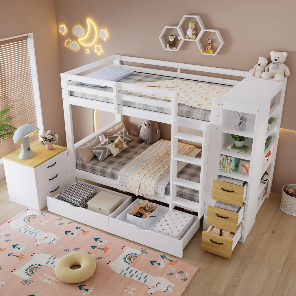 Letto a castello 90x200 cm in legno con 2 cassetti; ripiani laterali e comodino; bianco naturale