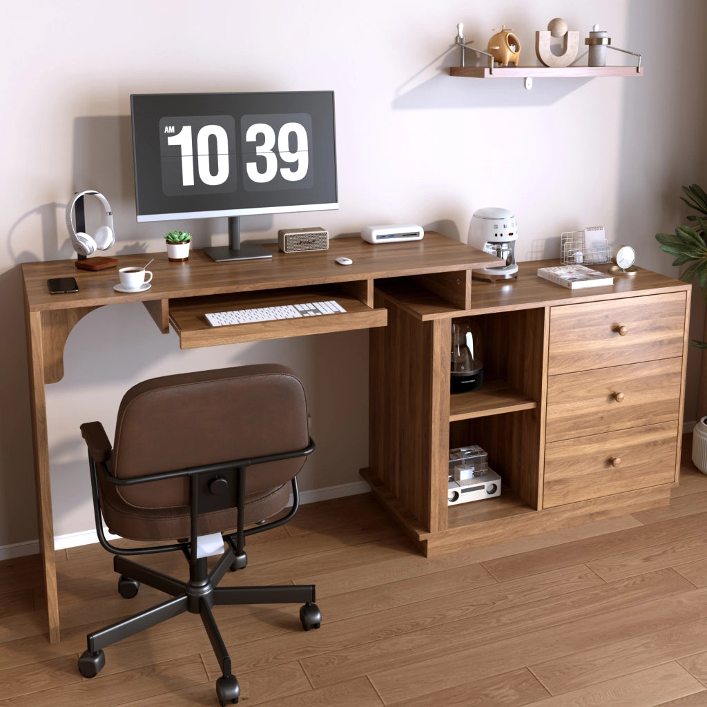 Scrivania con piano estraibile; 2 vani e 3 cassetti - per studio - in MDF - noce