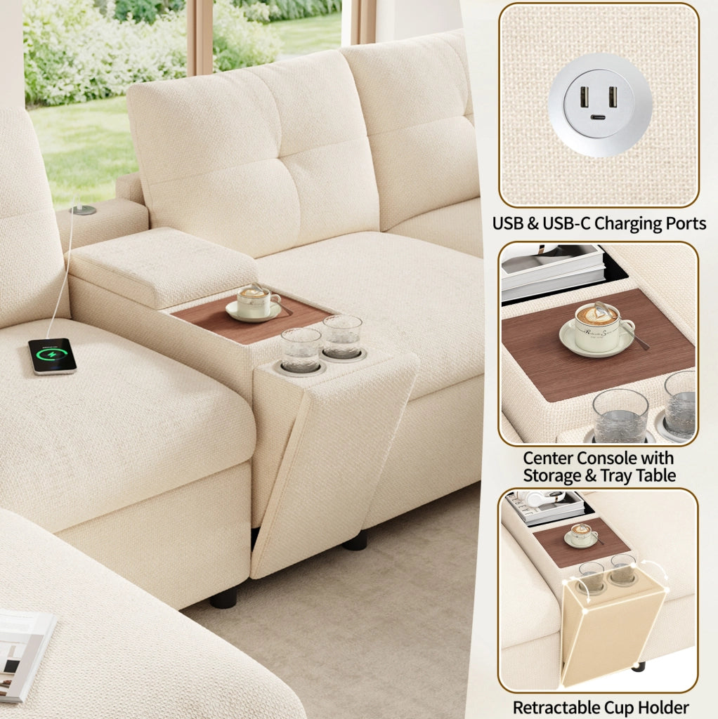Divano angolare modulare 6 posti a U/L in ciniglia beige con 2 pouf contenitore e USB/Type-C