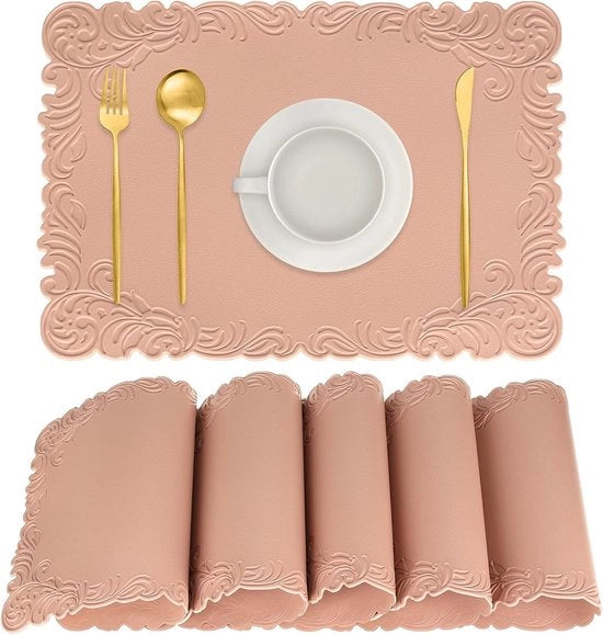 Set di 6 piatti da tavola in pelle lavabili non scivolosi, 30 x 44 cm, quadrati, impermeabili, termoresistenti, rosa