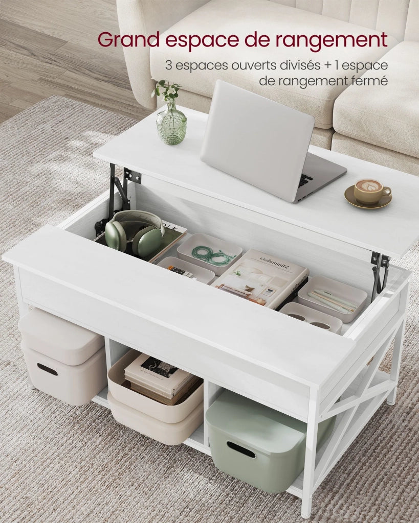 Tavolino da caffè/tavolo da soggiorno con piano sollevabile vano portaoggetti aperto e scomparto nascosto 60 x 100 cm bianco 12_0007472