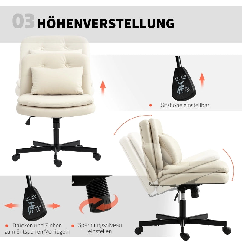 Sedia da ufficio girevole senza braccioli con cuscino extra e altezza regolabile in similpelle beige 63 × 67 × 83-93 cm