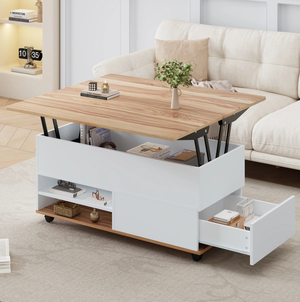 Tavolino da salotto rialzabile 100 x 98 x 65 cm in truciolare; bianco e effetto legno naturale