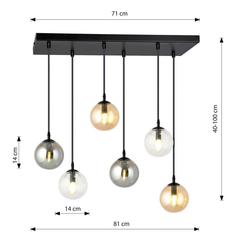 Sospensione Moderna 6 Luci Yudi Acciaio Nero E Sfere In Vetro Multicolor