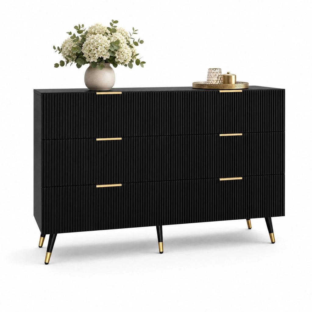 Sideboard in legno nero con finiture oro, 120x77x40 cm, 6 cassetti, design moderno