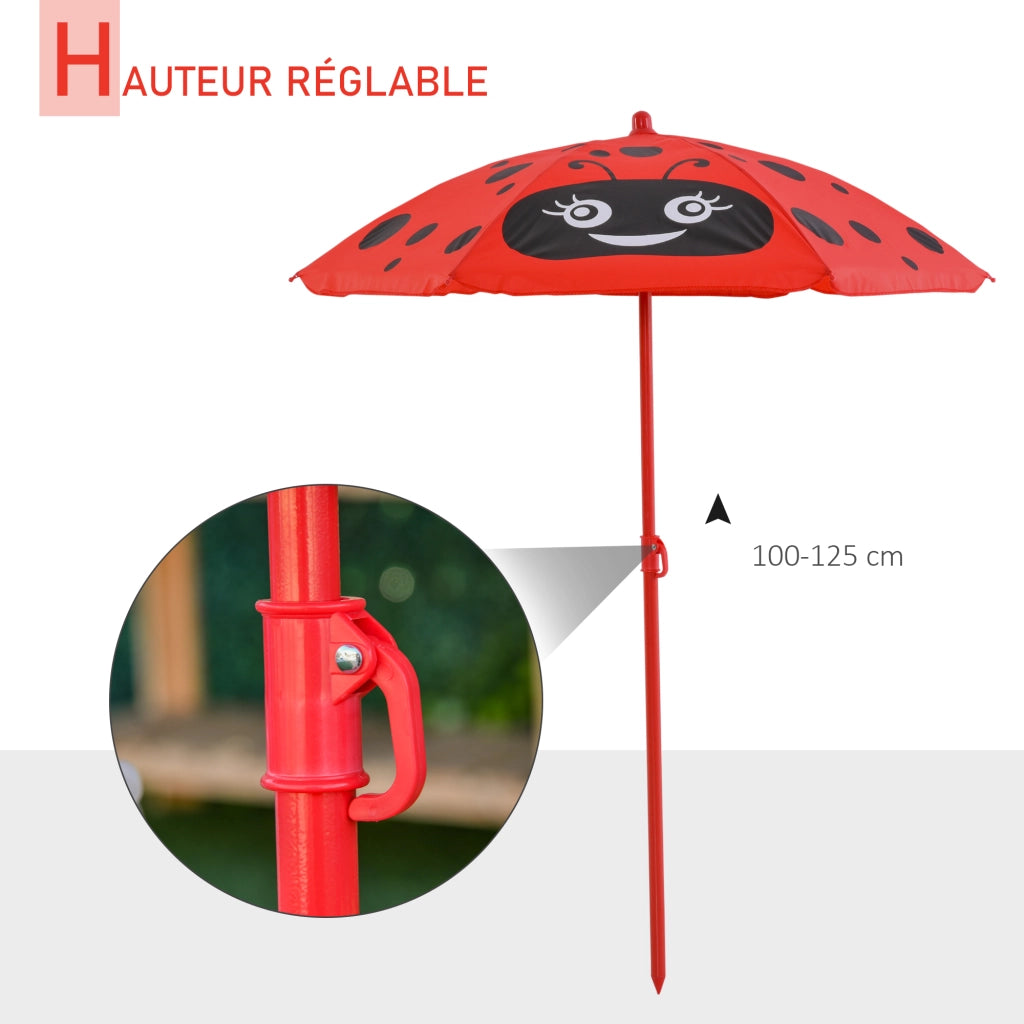 Set giardino bambini 4 pezzi design coccinella ¨C zephmum ¨C tavolo rotondo + 2 sedie pieghevoli + ombrellone, rosso, metallo