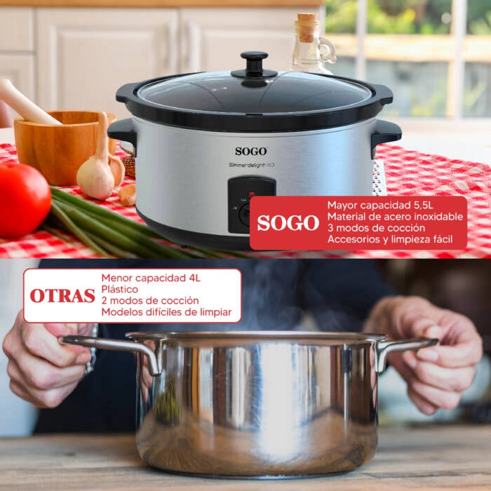 Pentola slow cooker elettrica 5,5L 260W con recipiente in ceramica e 3 programmi, per cottura lenta 7-8 persone - Sogo