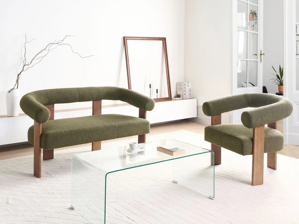 Set da salotto divano a 2 posti poltrona imbottita bouclé verde e marrone scuro stile retrò soggiorno