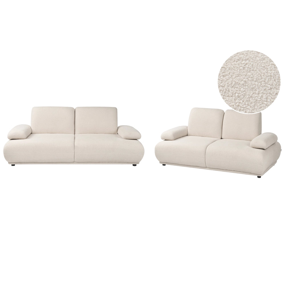 Set divano 3+2 posti rivestimento in bouclé bianco sporco gambe in legno schienale e braccioli regolabili arredamento per soggiorno