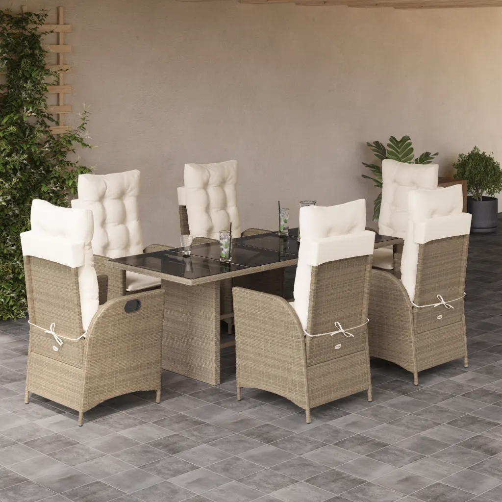 Set da Pranzo da Giardino 7 pz con Cuscini Beige in Polyrattan 3213124