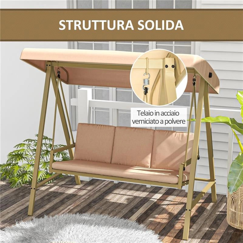 DONDOLO 3 POSTI CON TETTUCCIO INCLINABILE E CUSCINI, IN ACCIAIO E TEXTILENE, 200X125X175 CM, BEIGE E MARRONE