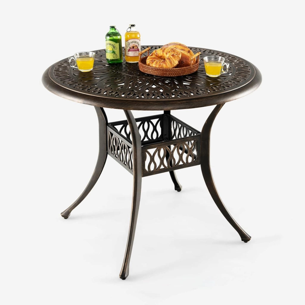 Tavolo Bistrò Rotondo da Giardino e Balcone, φ90 cm, con Foro per Ombrellone φ5 cm, Tavolino da Caffè in Metallo Resistente alle Intemperie, Colore Bronzo