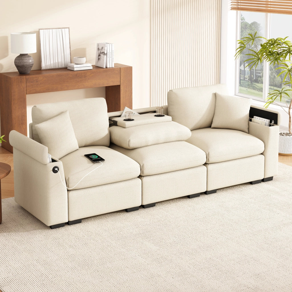 Divano lineare 3 posti con tavolino ribaltabile; USB e contenitore in chenille beige
