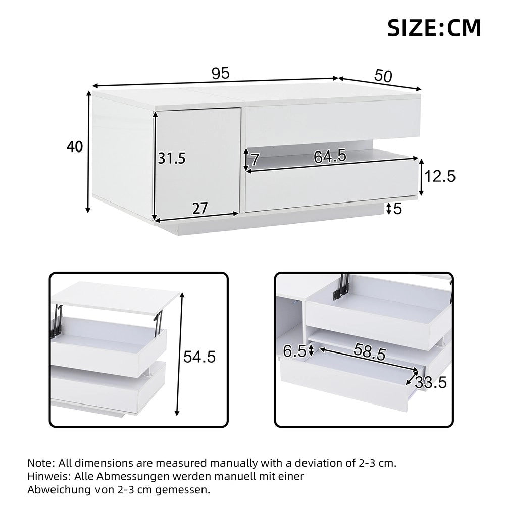 Tavolino da Caff¨¨ con LED e Cassetto ¨C MINIMAL ¨C Bianco Lucido, 95x50x34.5