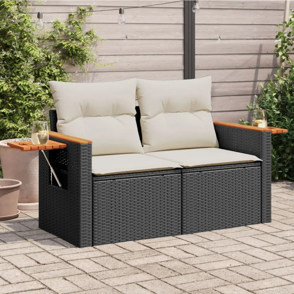 Divano da Giardino con Cuscini a 2 Posti-Sofa da Giardino-Divano da esterno Nero in Polyrattan 848527
