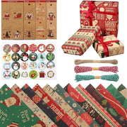 Pacchetto di carta da regalo per Natale da 12 fogli, 50 x 70 cm, con corda, etichette e adesivi - ideale per la confezione di regali di Natale