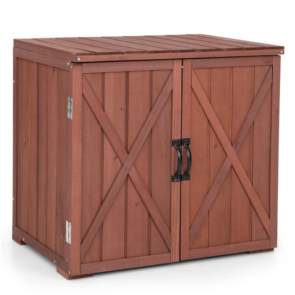 Capanno per attrezzi in legno di abete con 2 ante magnetiche per giardino patio, Organizzatore di utensili Marrone-Casette da giardino