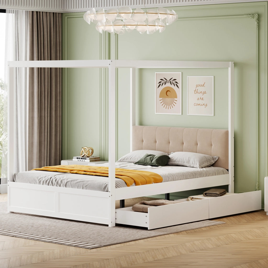 LETTO a tenda 140x200 cm con 2 cassetti e testiera imbottita bianco