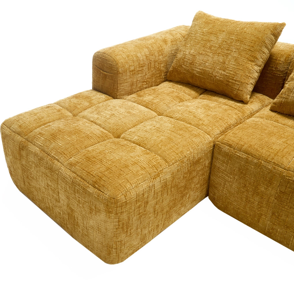 Divano componibile con chaise longue; tasche laterali; 250 × 158 × 60 cm; ciniglia gialla