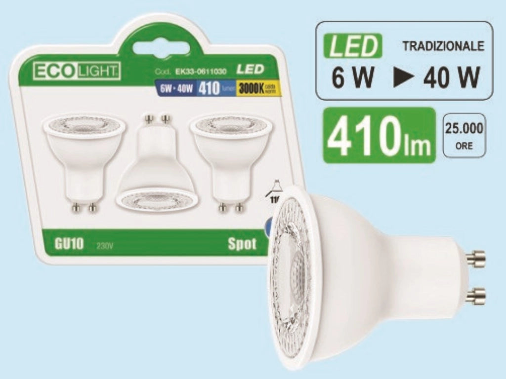 Lampadina Lampada A Led Spot Gu10 6W=50W 110° 3000K - Bisonte