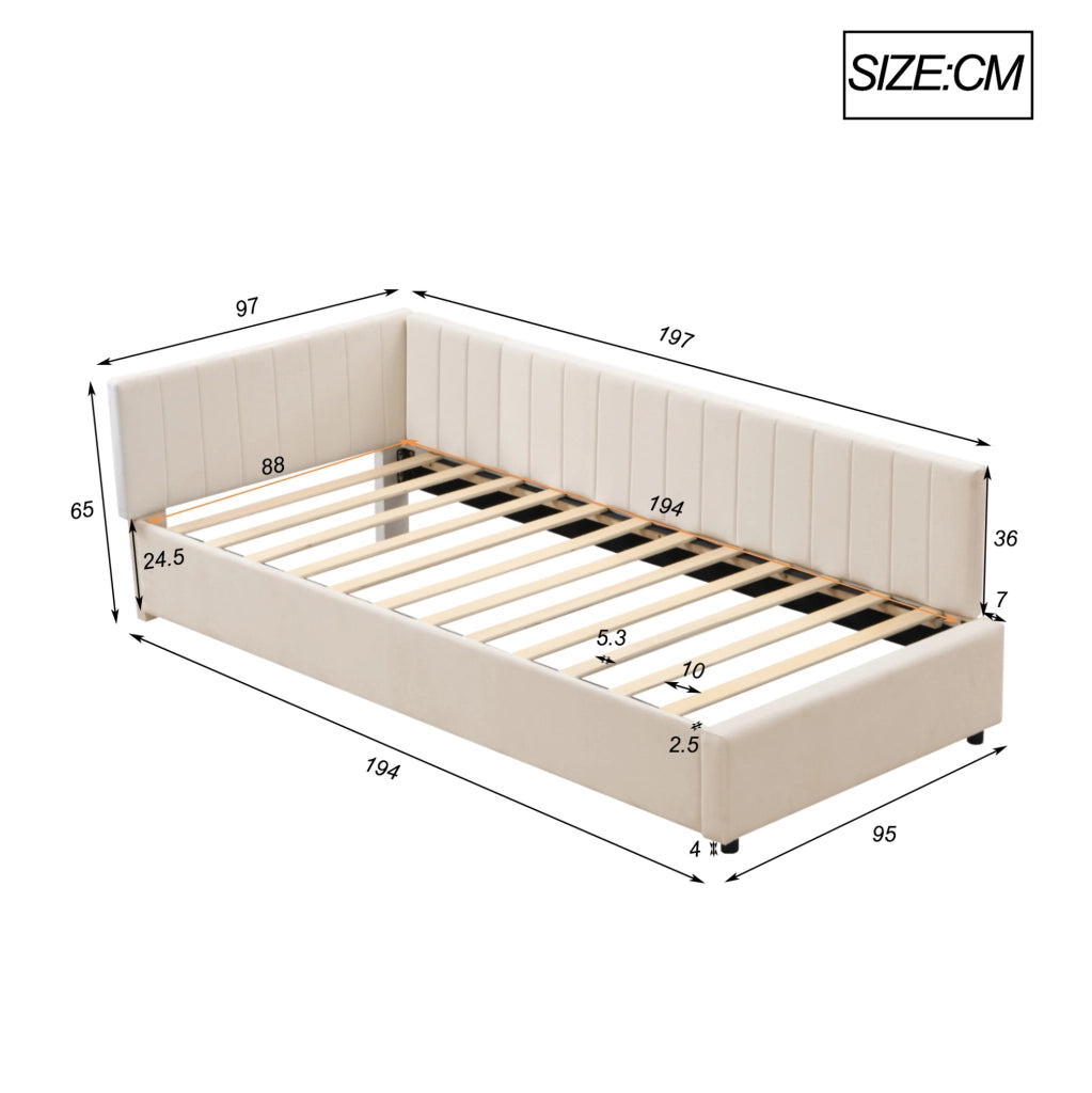Letto imbottito 90x200 cm con rete a doghe; in velluto beige
