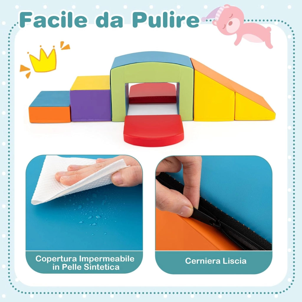 6 Blocchi di Schiuma per Arrampicata, Gioco Morbido per Bambini, Set di Costruzioni Colorate per Arrampicarsi e Strisciare con Tunnel, Scale e Rampetta per Bambini 12 Mesi + (Colorato)