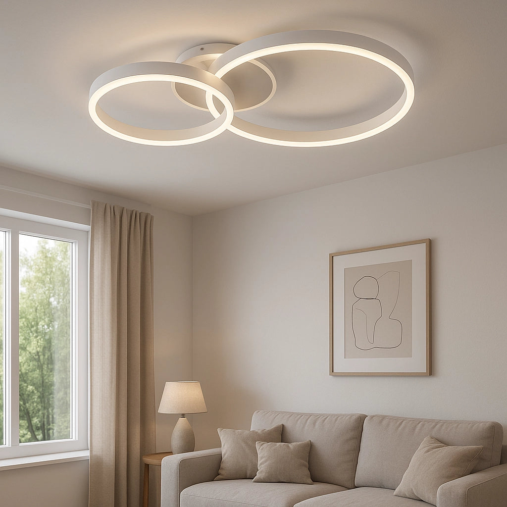 Plafoniera LED Moderna 42W 3360lm CCT Switch – Luce Calda 3000K, Naturale 4000K, Fredda 6500K – Design Doppio Cerchio Bianco in Alluminio e Acrilico per Interni 220V