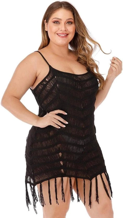 Copri Bikini a Strascico con Frangia a Maglia Nera - XXL, Taglia Plus per Donna