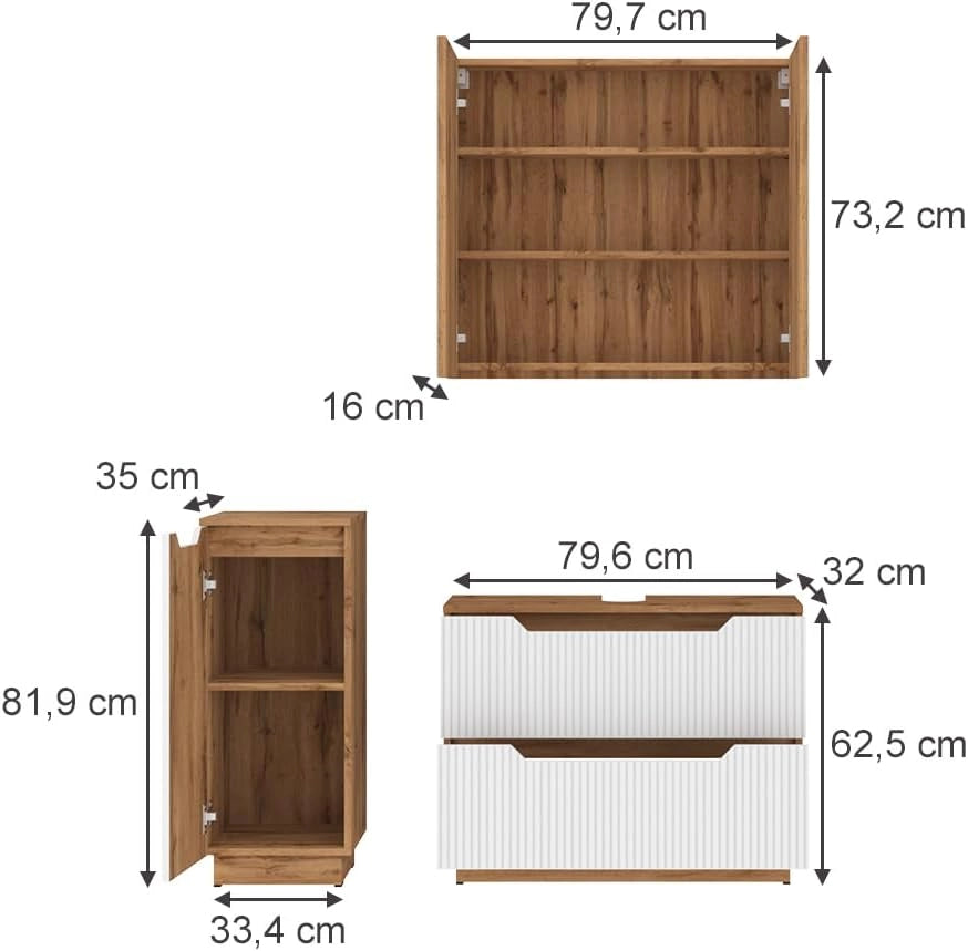 Set di mobili da bagno Lotta, Rovere/bianco a strisce, 3 parti
