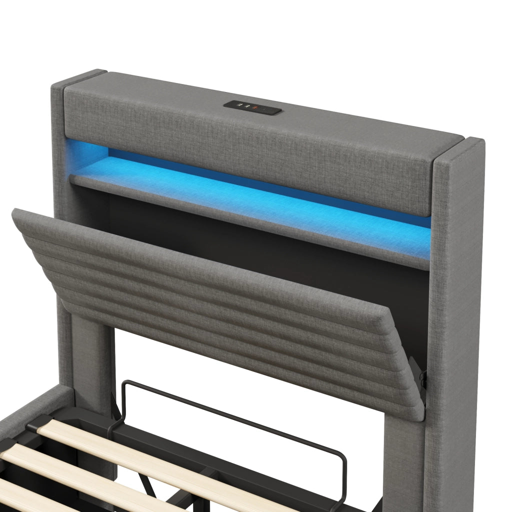 Letto imbottito 90x200 cm con contenitore; LED e ricarica USB Type-C in lino grigio