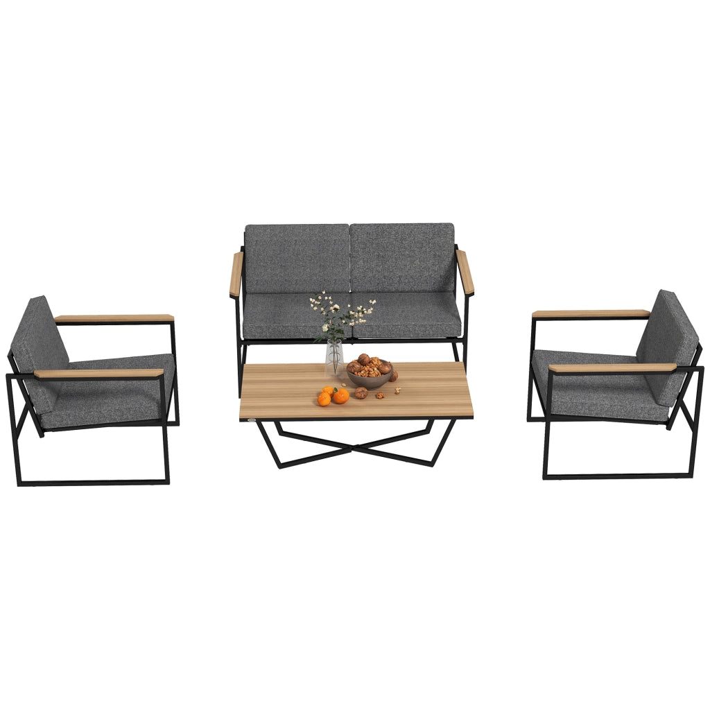 Arredamento da giardino a 4 posti: Divanooo a 2 posti + 2 poltrone + cuscini + tavolino laterale; grigio