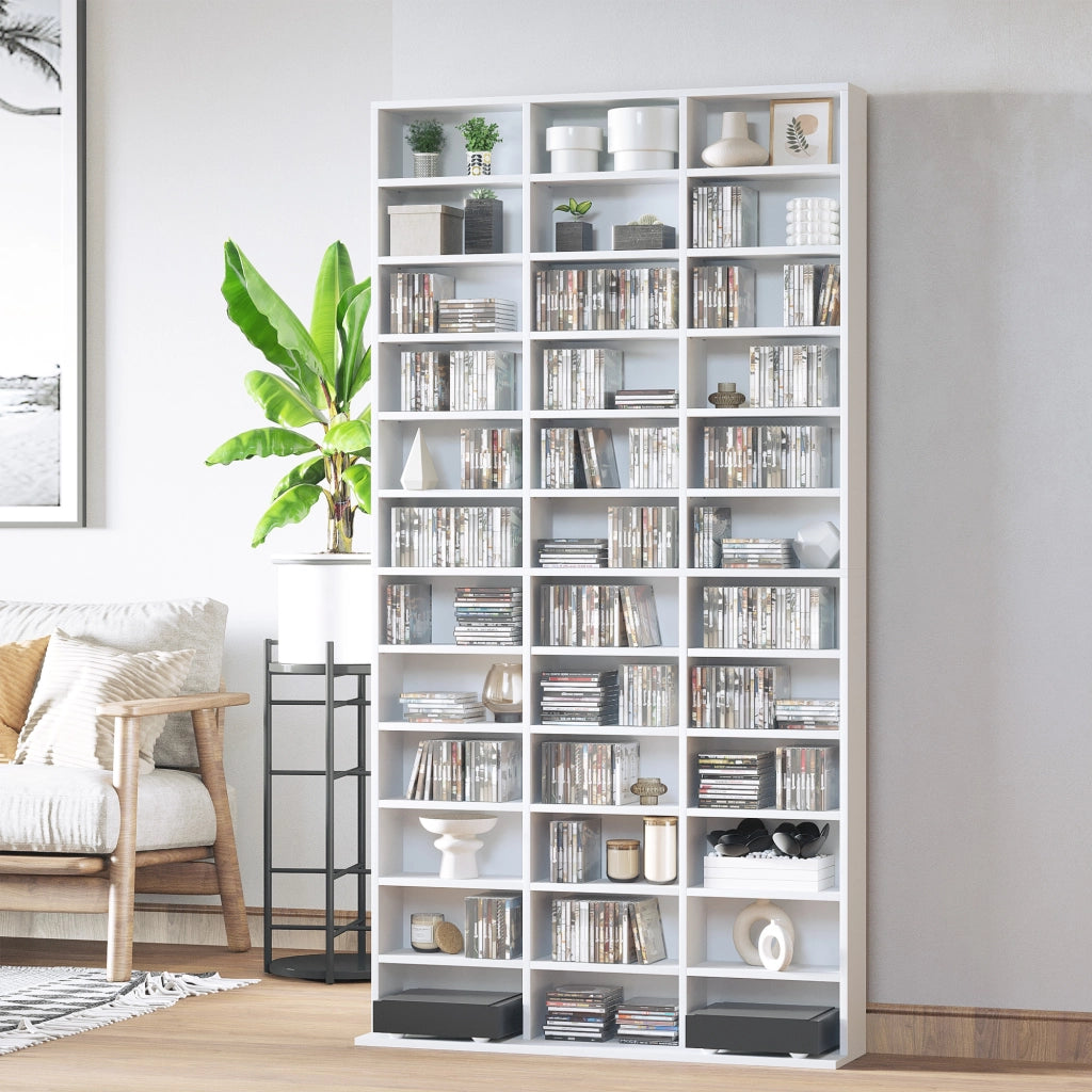Libreria Porta CD 102x23,5x195 cm con 3 Colonne da 12 Ripiani in MDF Bianco