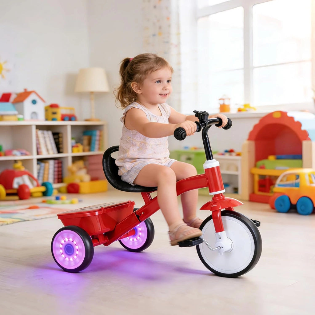 Triciclo Bambini 3-5 Anni, Triciclo Evolutivo con Ruote Luminose, Sedile Regolabile in 4 Posizioni, Pedali Rimovibili, Vano Portaoggetti Posteriore, Carico 25 KG, Regalo Bambino 3-5 Anni