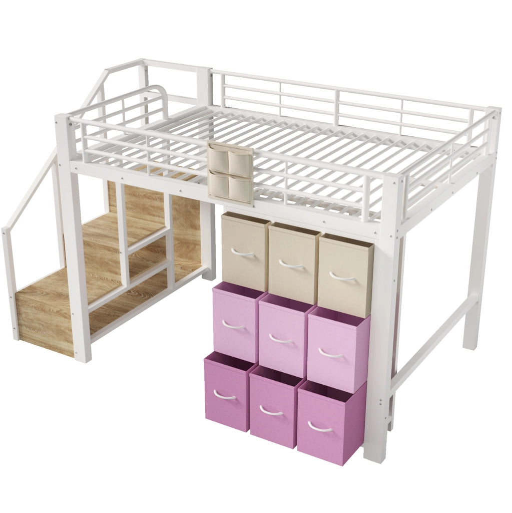 Letto a soppalco 140x200 cm in metallo e MDF; con cassetti; armadio e scala; bianco