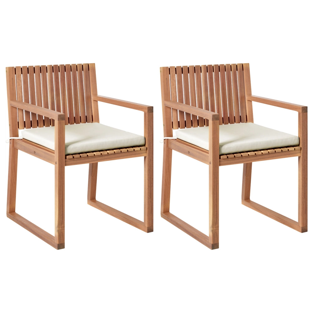 Set di 2 sedie da pranzo da giardino per esterni in legno d'acacia con cuscini tortora resistente agli agenti atmosferici dal design classico