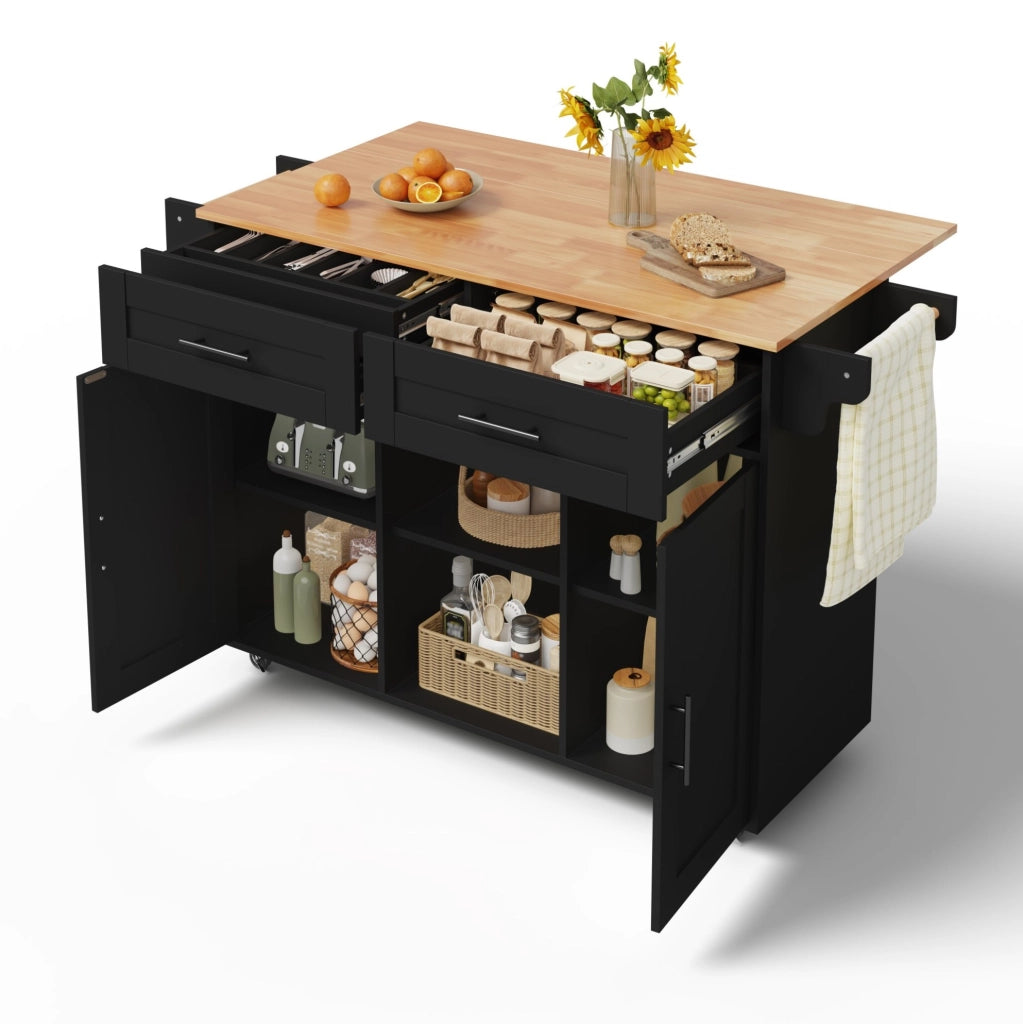 Isola da cucina mobile con piano pieghevole 145x70x94;5 cm in MDF nero con 5 ruote
