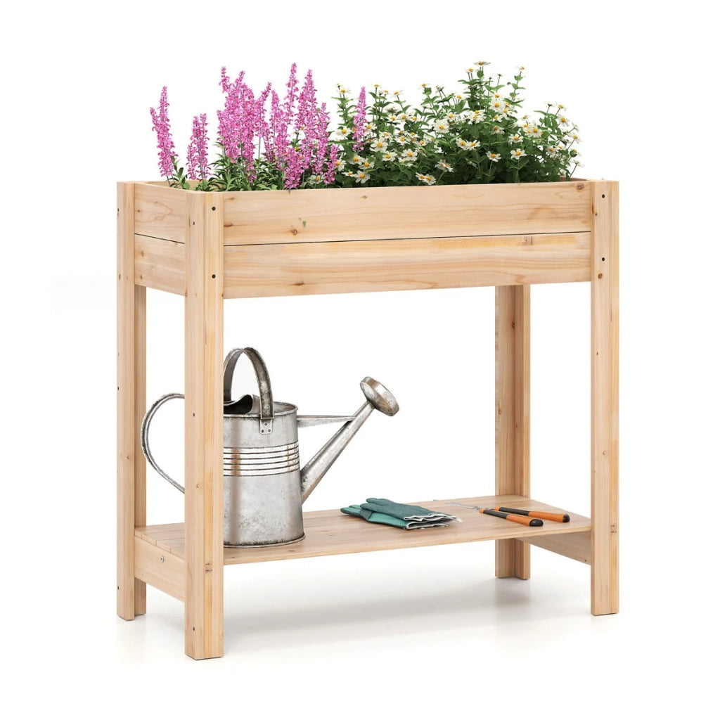 Fioriera rialzata in legno 81 x 38 x 77 cm con ripiano portaoggetti ergonomico stile rustico legno naturale 20_0012218
