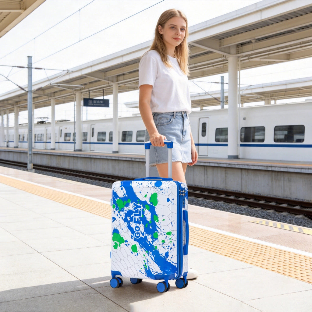 Valigia trolley cabina rigida con ruote doppie 360° e lucchetto a combinazione in PC impermeabile blu 20 pollici